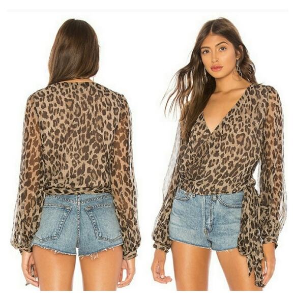 Nicholas Silk Leopard Animal Print Smocked Tie Front Wrap Top Size 4 - Picture 1 of 10